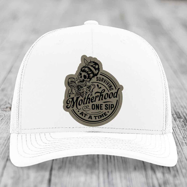 Surviving Motherhood, One Sip At A Time - Leather Patch Hat - Light Brown to Black Patch - Richardson 112 Snapback Trucker Hat