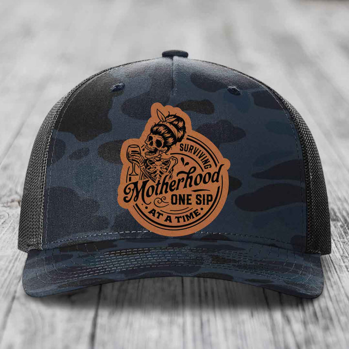 Surviving Motherhood, One Sip At A Time - Leather Patch Hat - Rawhide to Black Patch - Richardson 112PFP Snapback Trucker Hat
