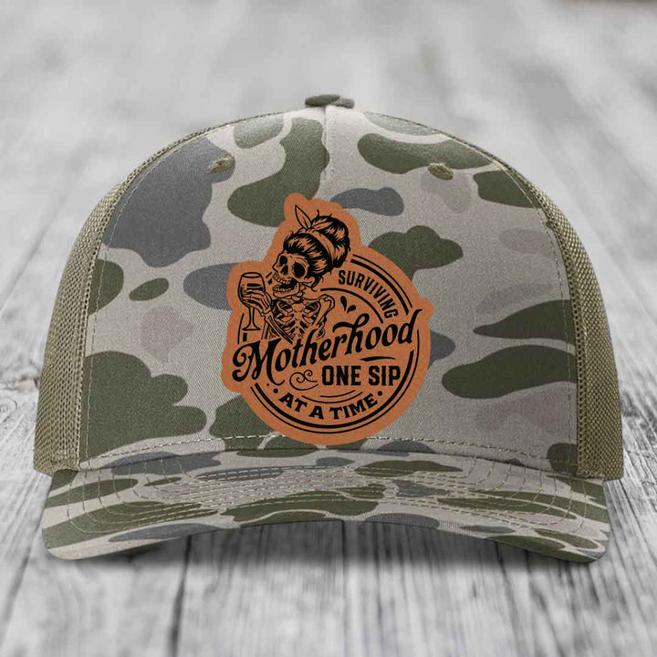 Surviving Motherhood, One Sip At A Time - Leather Patch Hat - Rawhide to Black Patch - Richardson 112PFP Snapback Trucker Hat