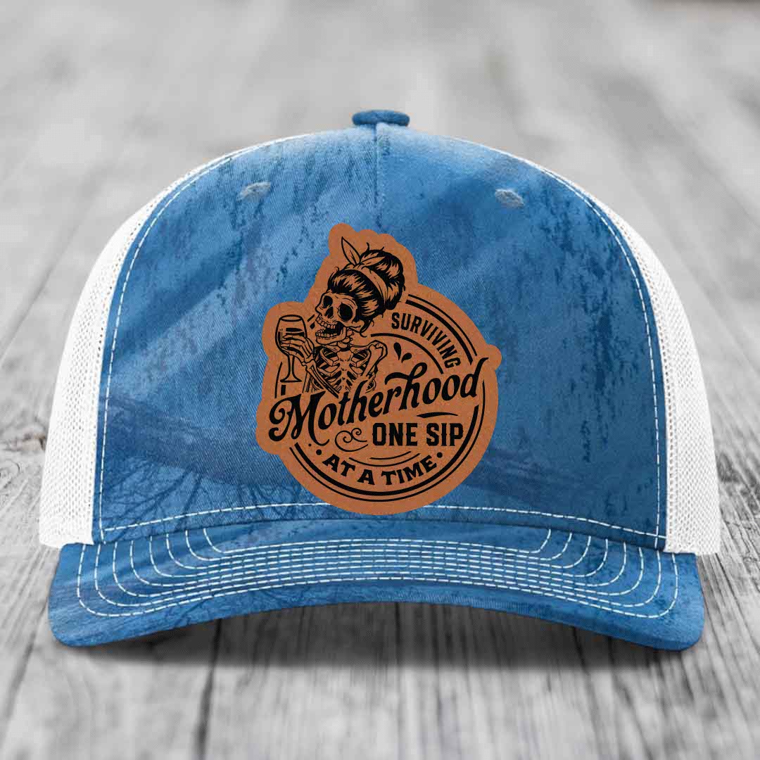Surviving Motherhood, One Sip At A Time - Leather Patch Hat - Rawhide to Black Patch - Richardson 112PFP Snapback Trucker Hat