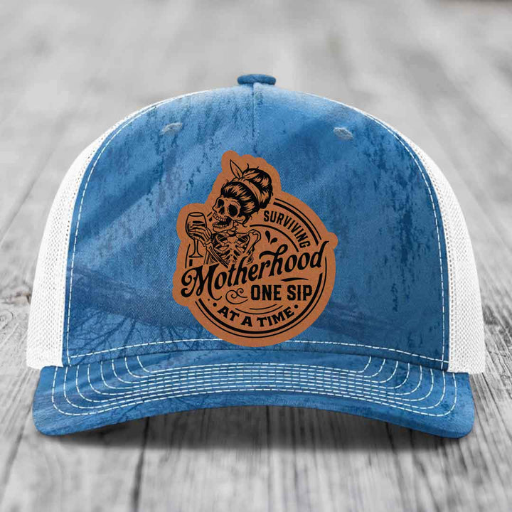 Surviving Motherhood, One Sip At A Time - Leather Patch Hat - Rawhide to Black Patch - Richardson 112PFP Snapback Trucker Hat