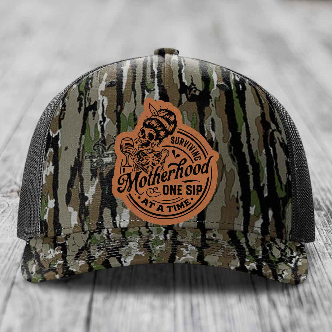 Surviving Motherhood, One Sip At A Time - Leather Patch Hat - Rawhide to Black Patch - Richardson 112PFP Snapback Trucker Hat