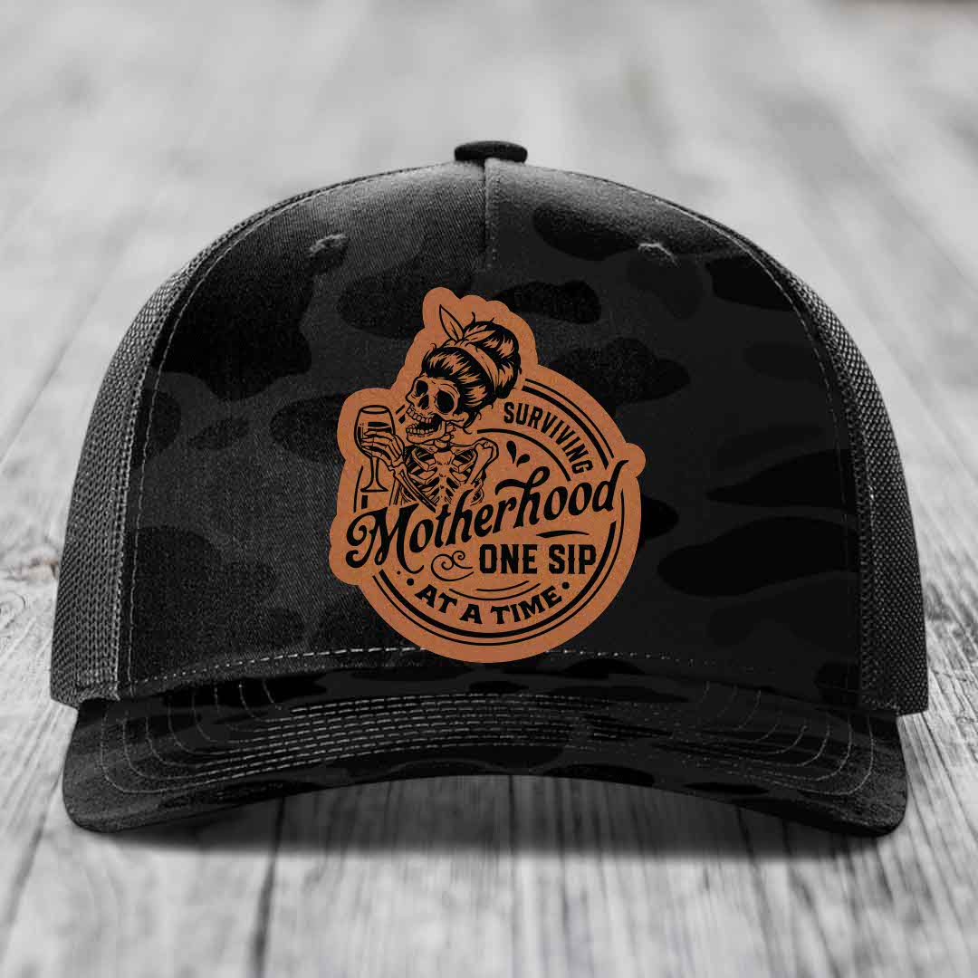 Surviving Motherhood, One Sip At A Time - Leather Patch Hat - Rawhide to Black Patch - Richardson 112PFP Snapback Trucker Hat