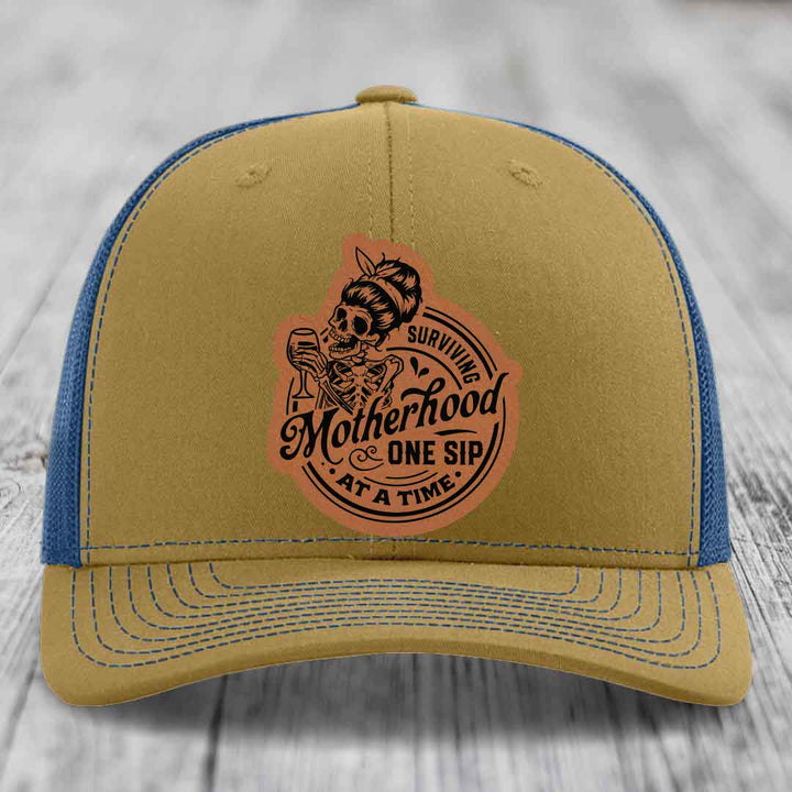 Surviving Motherhood, One Sip At A Time - Leather Patch Hat - Rawhide to Black Patch - Richardson 112 Snapback Trucker Hat