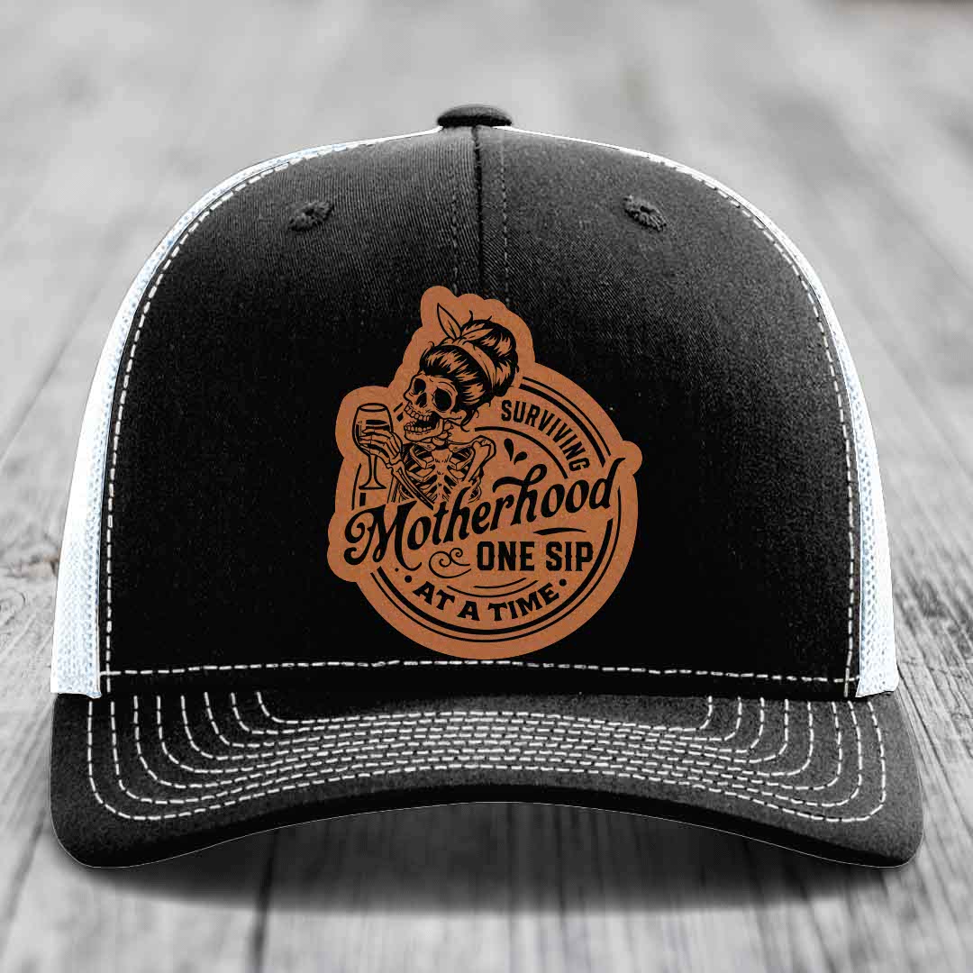 Surviving Motherhood, One Sip At A Time - Leather Patch Hat - Rawhide to Black Patch - Richardson 112 Snapback Trucker Hat