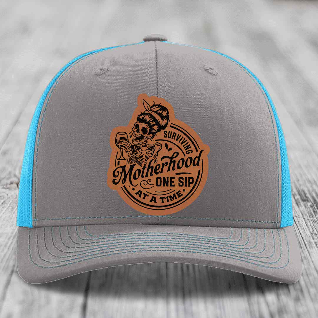 Surviving Motherhood, One Sip At A Time - Leather Patch Hat - Rawhide to Black Patch - Richardson 112 Snapback Trucker Hat