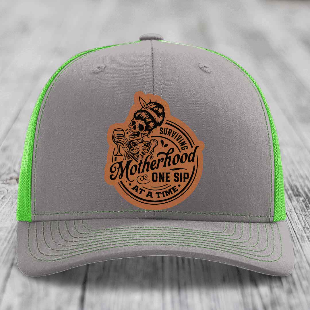 Surviving Motherhood, One Sip At A Time - Leather Patch Hat - Rawhide to Black Patch - Richardson 112 Snapback Trucker Hat