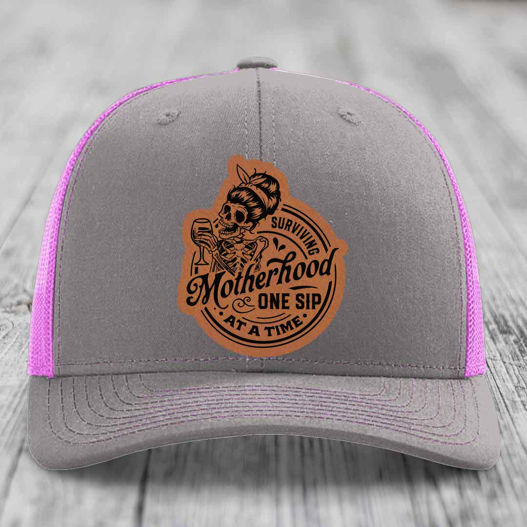 Surviving Motherhood, One Sip At A Time - Leather Patch Hat - Rawhide to Black Patch - Richardson 112 Snapback Trucker Hat