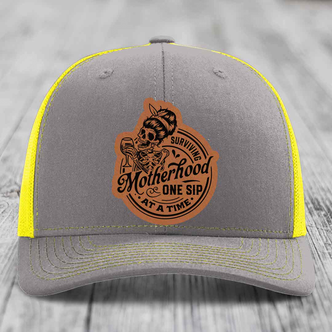 Surviving Motherhood, One Sip At A Time - Leather Patch Hat - Rawhide to Black Patch - Richardson 112 Snapback Trucker Hat