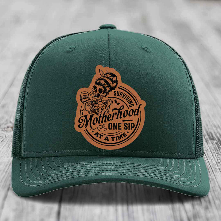 Surviving Motherhood, One Sip At A Time - Leather Patch Hat - Rawhide to Black Patch - Richardson 112 Snapback Trucker Hat