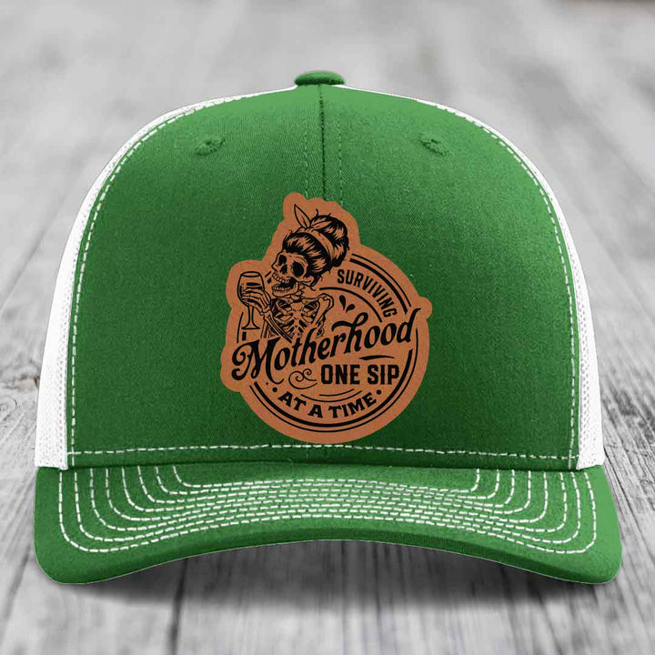 Surviving Motherhood, One Sip At A Time - Leather Patch Hat - Rawhide to Black Patch - Richardson 112 Snapback Trucker Hat