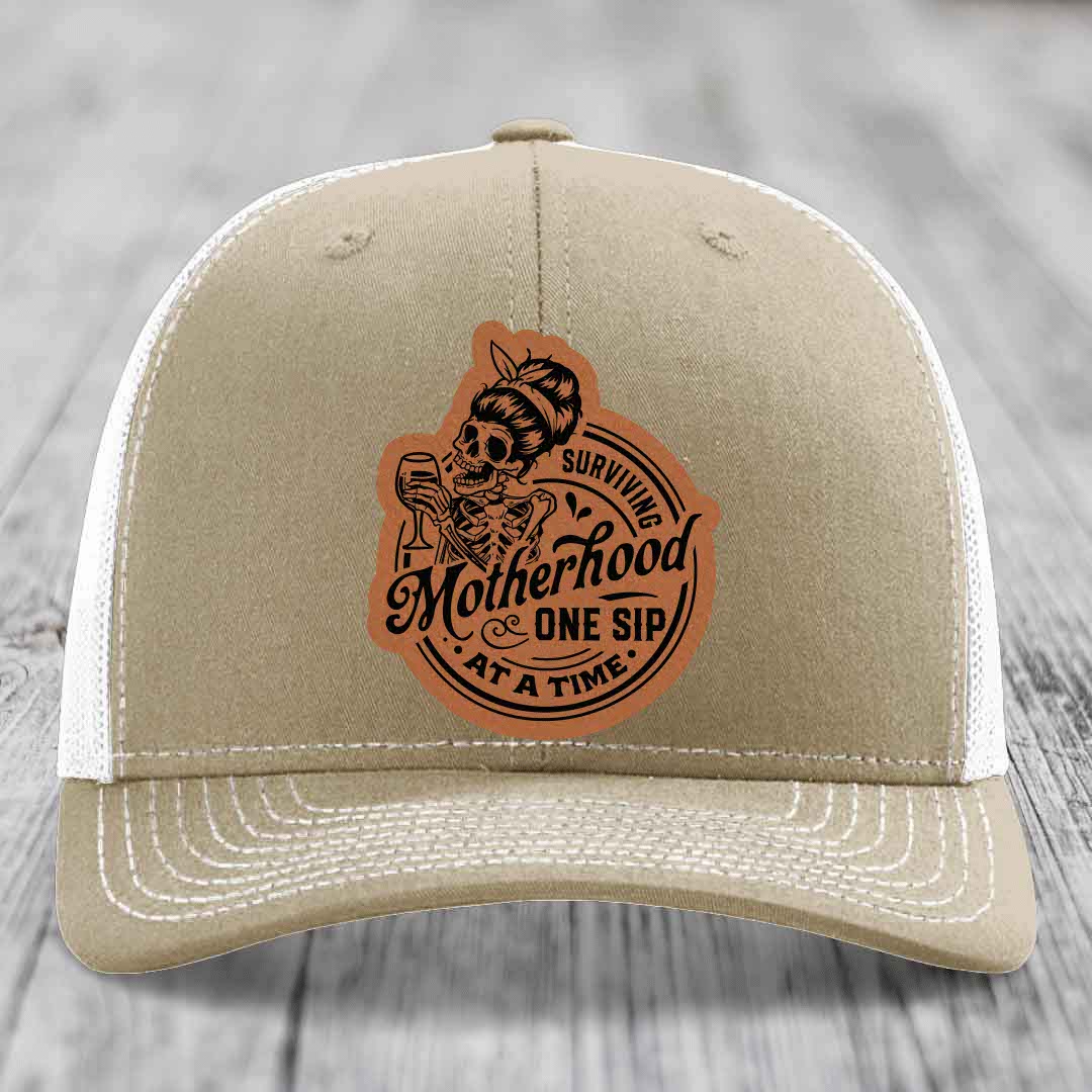 Surviving Motherhood, One Sip At A Time - Leather Patch Hat - Rawhide to Black Patch - Richardson 112 Snapback Trucker Hat