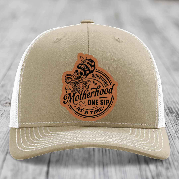 Surviving Motherhood, One Sip At A Time - Leather Patch Hat - Rawhide to Black Patch - Richardson 112 Snapback Trucker Hat