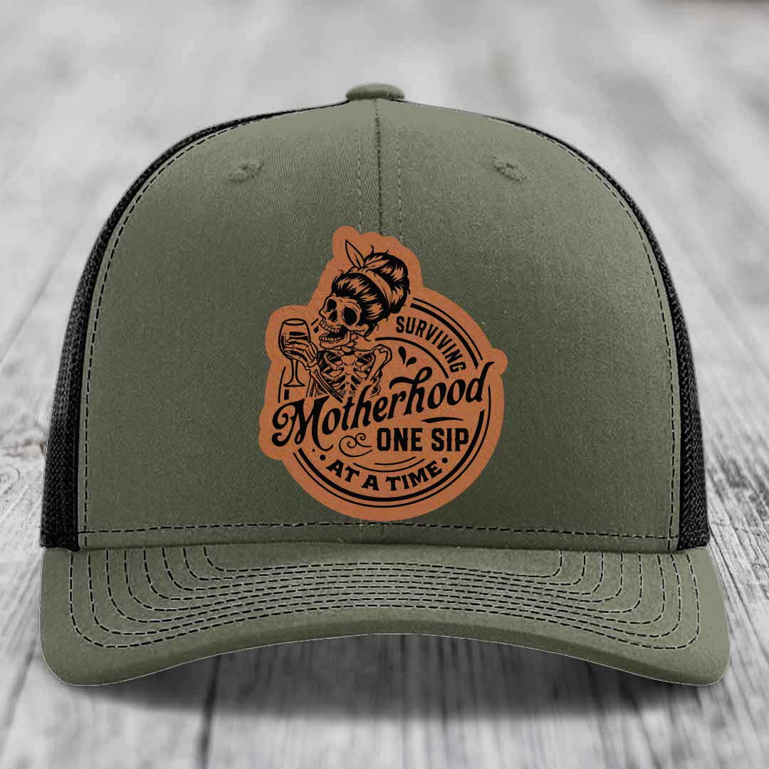 Surviving Motherhood, One Sip At A Time - Leather Patch Hat - Rawhide to Black Patch - Richardson 112 Snapback Trucker Hat
