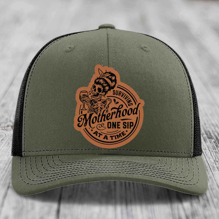 Surviving Motherhood, One Sip At A Time - Leather Patch Hat - Rawhide to Black Patch - Richardson 112 Snapback Trucker Hat