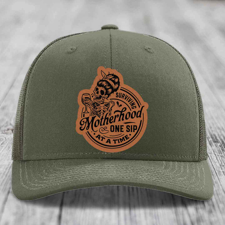 Surviving Motherhood, One Sip At A Time - Leather Patch Hat - Rawhide to Black Patch - Richardson 112 Snapback Trucker Hat