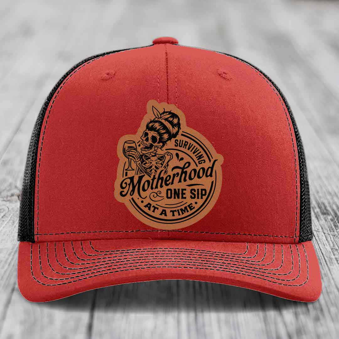 Surviving Motherhood, One Sip At A Time - Leather Patch Hat - Rawhide to Black Patch - Richardson 112 Snapback Trucker Hat