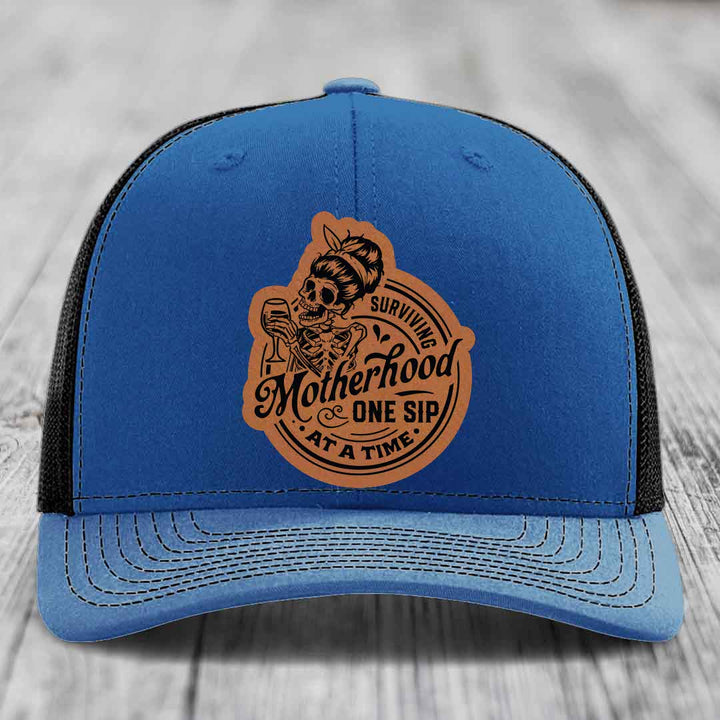 Surviving Motherhood, One Sip At A Time - Leather Patch Hat - Rawhide to Black Patch - Richardson 112 Snapback Trucker Hat