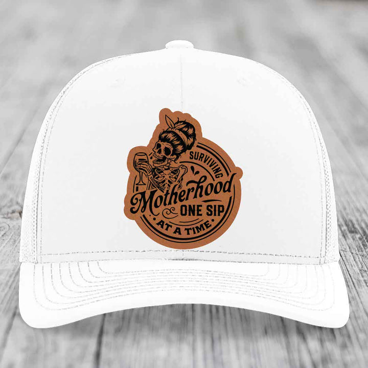 Surviving Motherhood, One Sip At A Time - Leather Patch Hat - Rawhide to Black Patch - Richardson 112 Snapback Trucker Hat