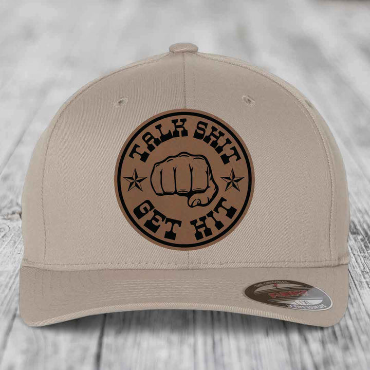 Talk Shit, Get Hit - Leather Patch Hat - Dark Brown to Black Patch - Flexfit 6277 Fitted Hat