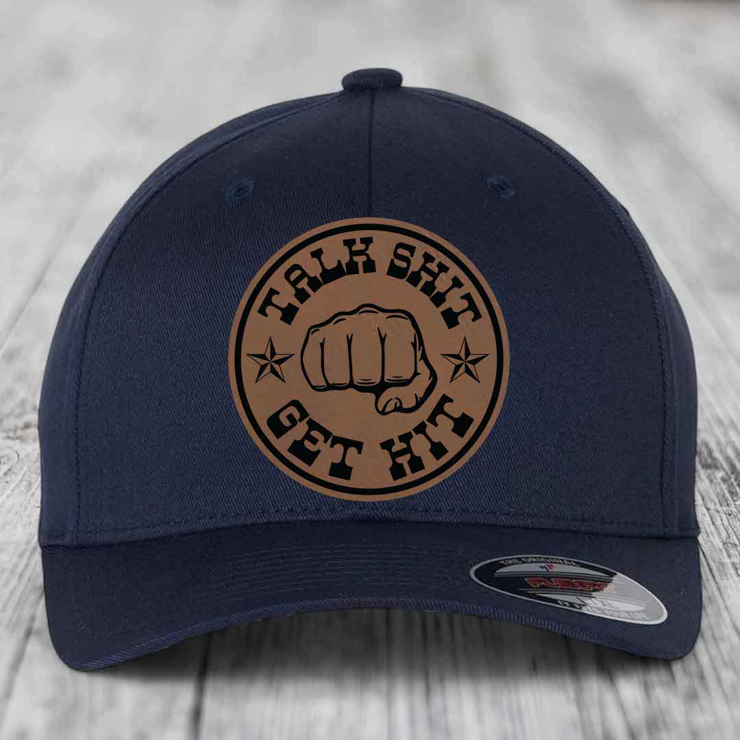 Talk Shit, Get Hit - Leather Patch Hat - Dark Brown to Black Patch - Flexfit 6277 Fitted Hat