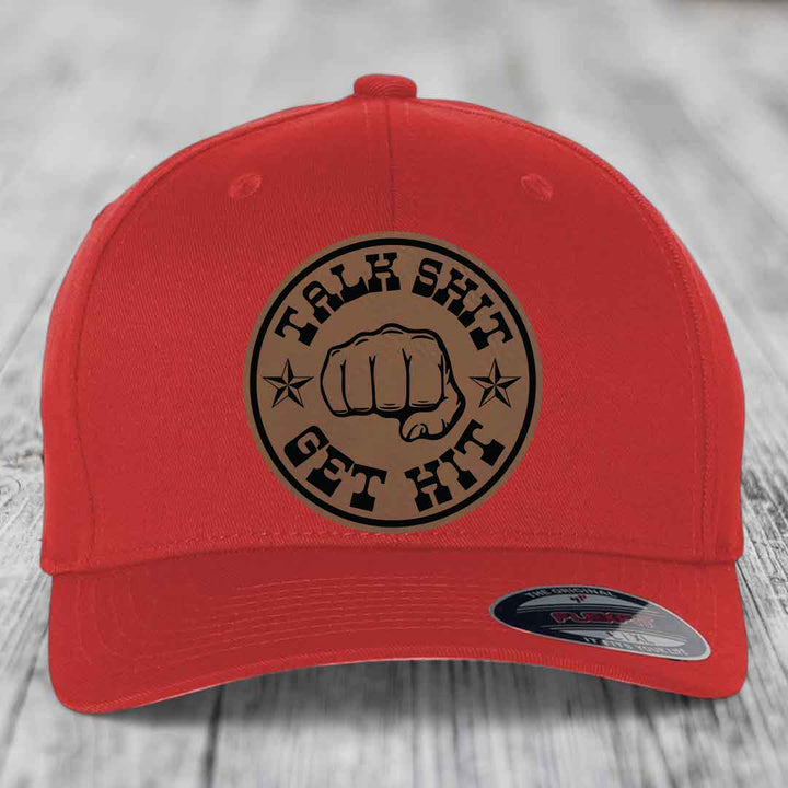 Talk Shit, Get Hit - Leather Patch Hat - Dark Brown to Black Patch - Flexfit 6277 Fitted Hat