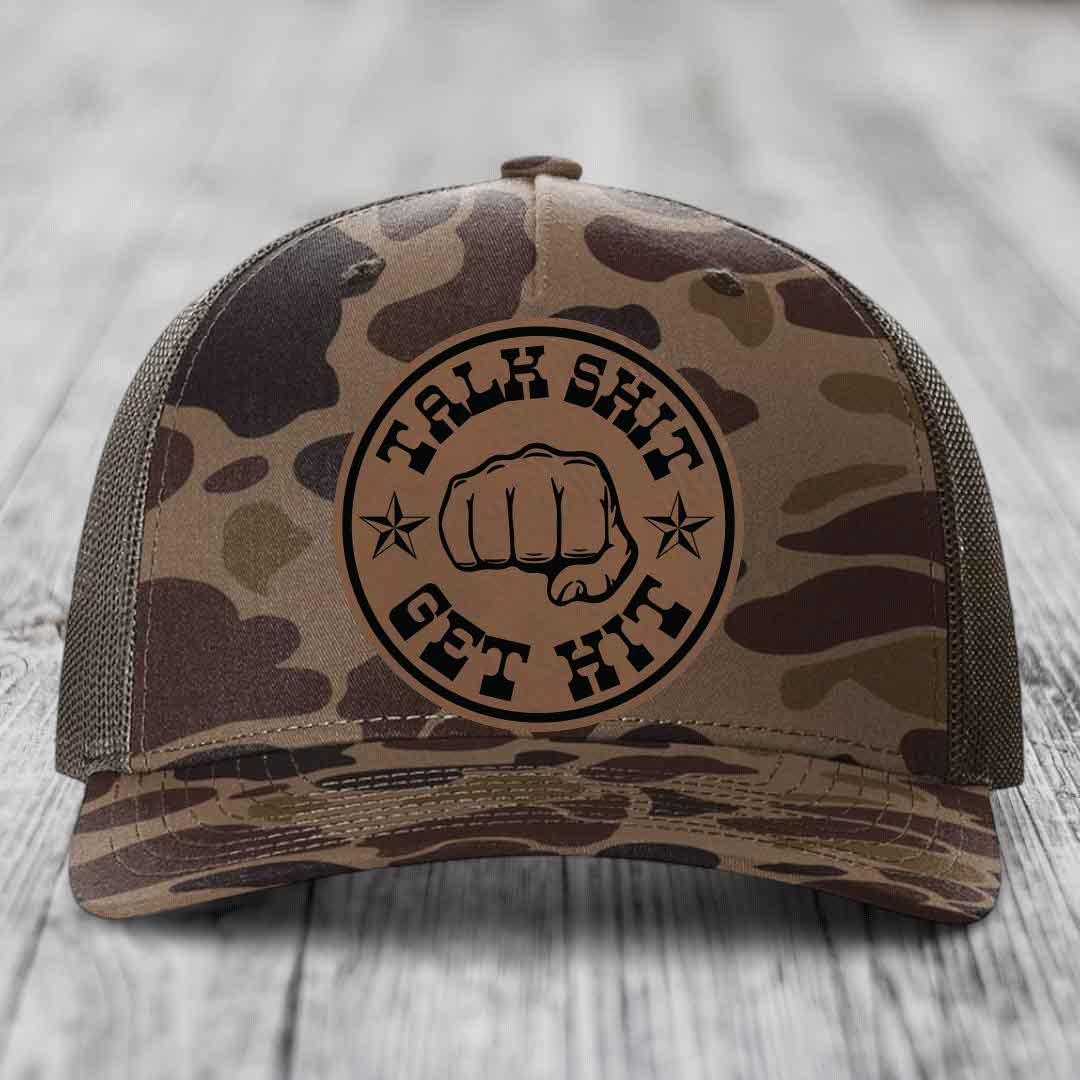 Talk Shit, Get Hit - Leather Patch Hat - Dark Brown to Black Patch - Richardson 112PFP Snapback Trucker Hat