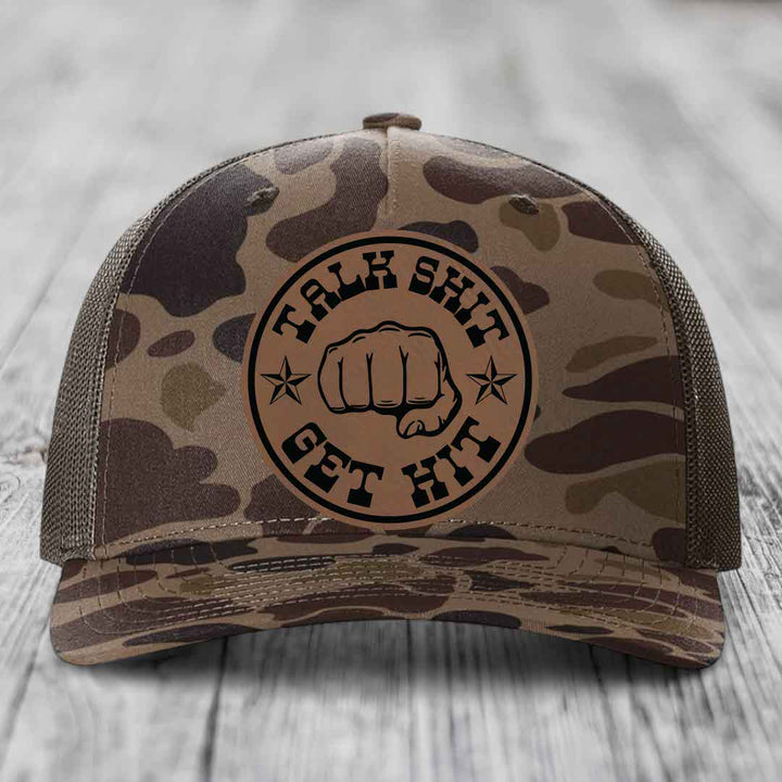 Talk Shit, Get Hit - Leather Patch Hat - Dark Brown to Black Patch - Richardson 112PFP Snapback Trucker Hat