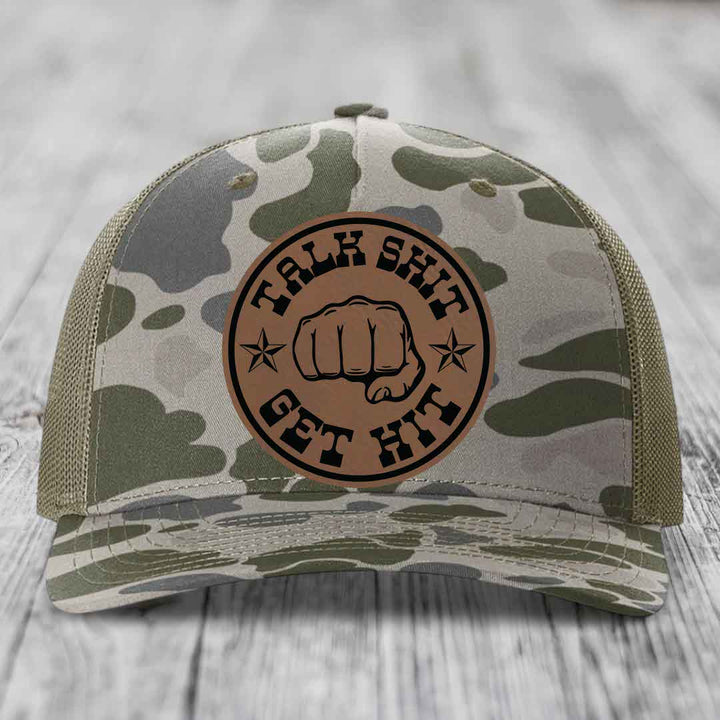 Talk Shit, Get Hit - Leather Patch Hat - Dark Brown to Black Patch - Richardson 112PFP Snapback Trucker Hat