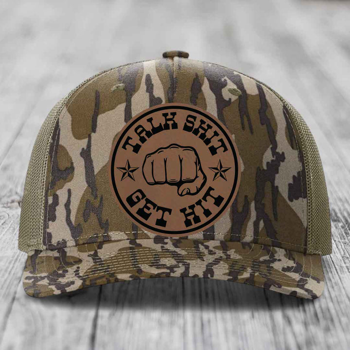 Talk Shit, Get Hit - Leather Patch Hat - Dark Brown to Black Patch - Richardson 112PFP Snapback Trucker Hat
