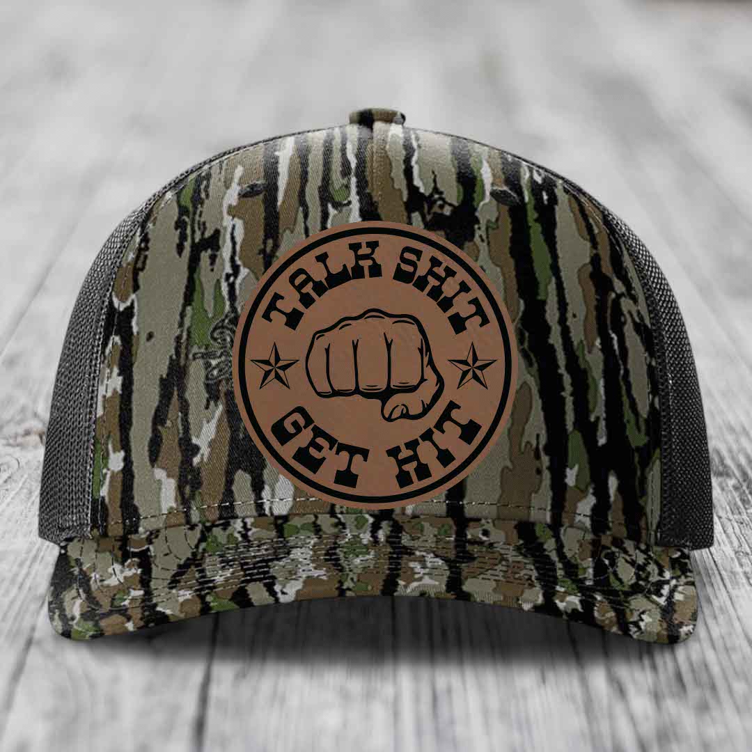 Talk Shit, Get Hit - Leather Patch Hat - Dark Brown to Black Patch - Richardson 112PFP Snapback Trucker Hat
