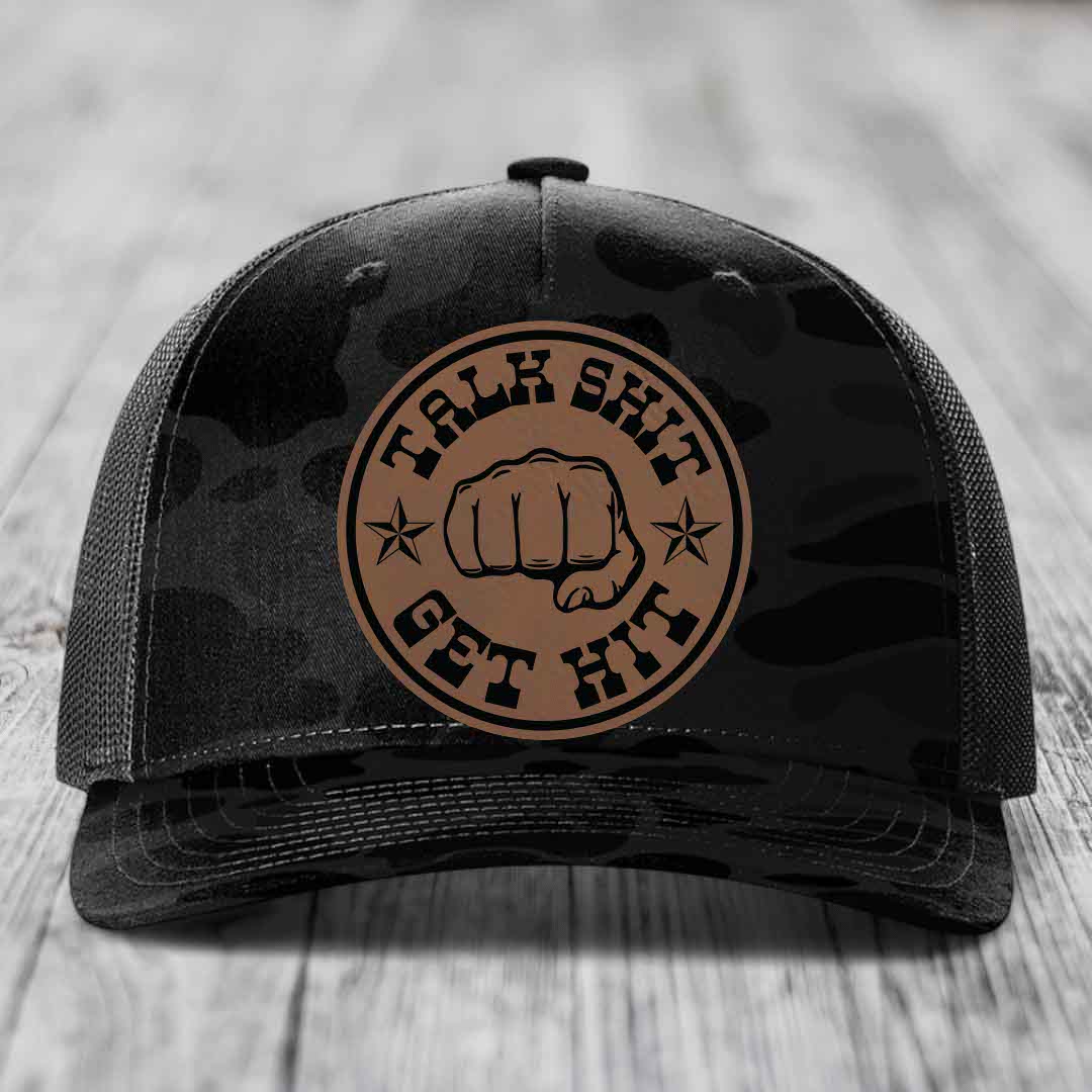 Talk Shit, Get Hit - Leather Patch Hat - Dark Brown to Black Patch - Richardson 112PFP Snapback Trucker Hat
