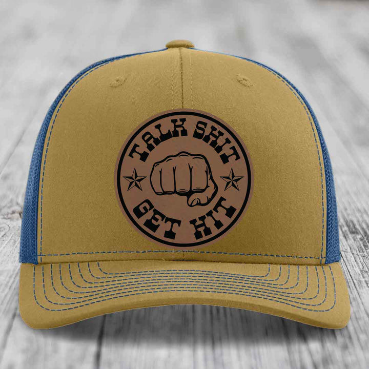 Talk Shit, Get Hit - Leather Patch Hat - Dark Brown to Black Patch - Richardson 112 Snapback Trucker Hat