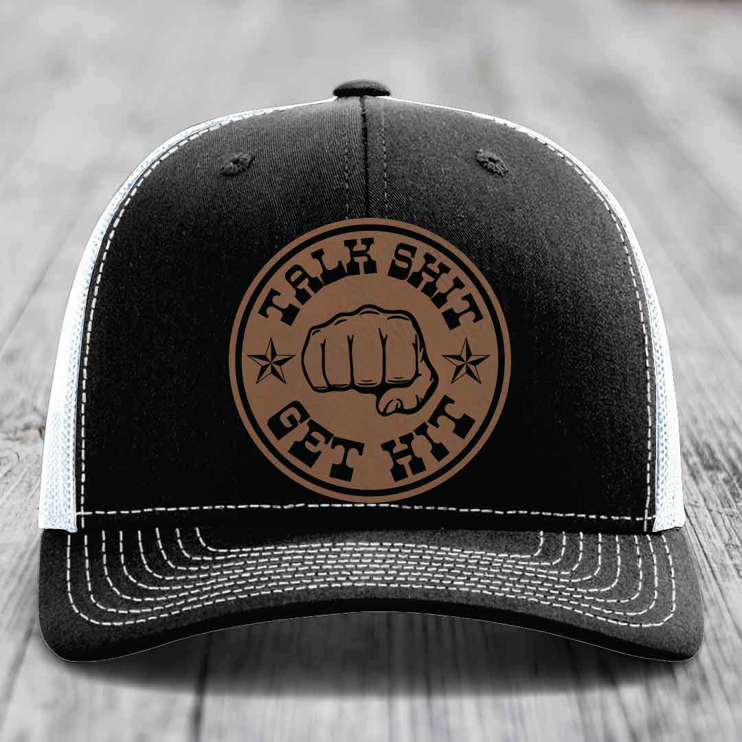 Talk Shit, Get Hit - Leather Patch Hat - Dark Brown to Black Patch - Richardson 112 Snapback Trucker Hat