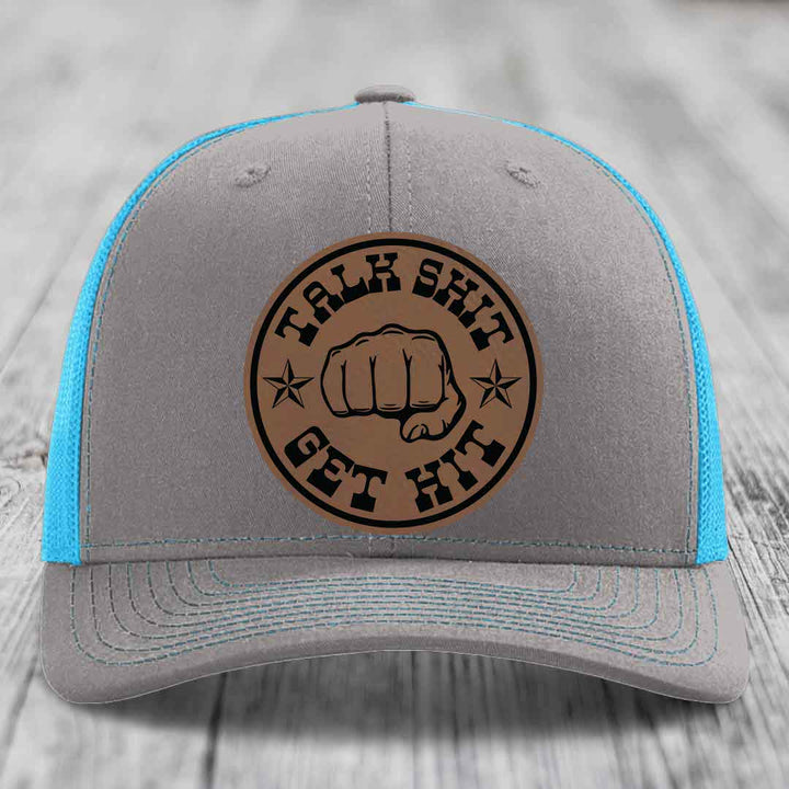 Talk Shit, Get Hit - Leather Patch Hat - Dark Brown to Black Patch - Richardson 112 Snapback Trucker Hat