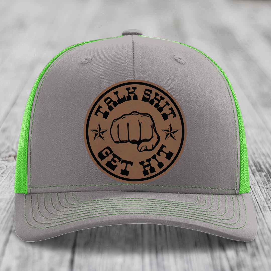 Talk Shit, Get Hit - Leather Patch Hat - Dark Brown to Black Patch - Richardson 112 Snapback Trucker Hat