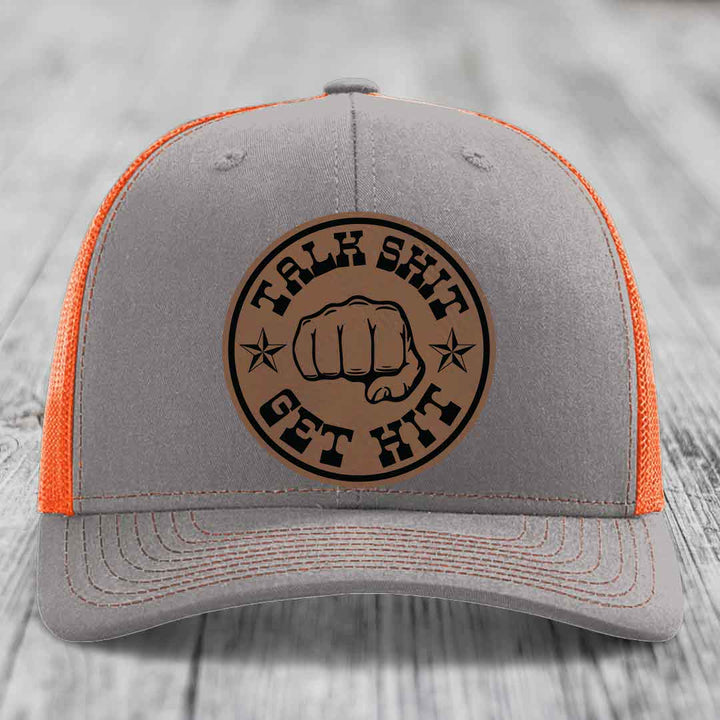 Talk Shit, Get Hit - Leather Patch Hat - Dark Brown to Black Patch - Richardson 112 Snapback Trucker Hat