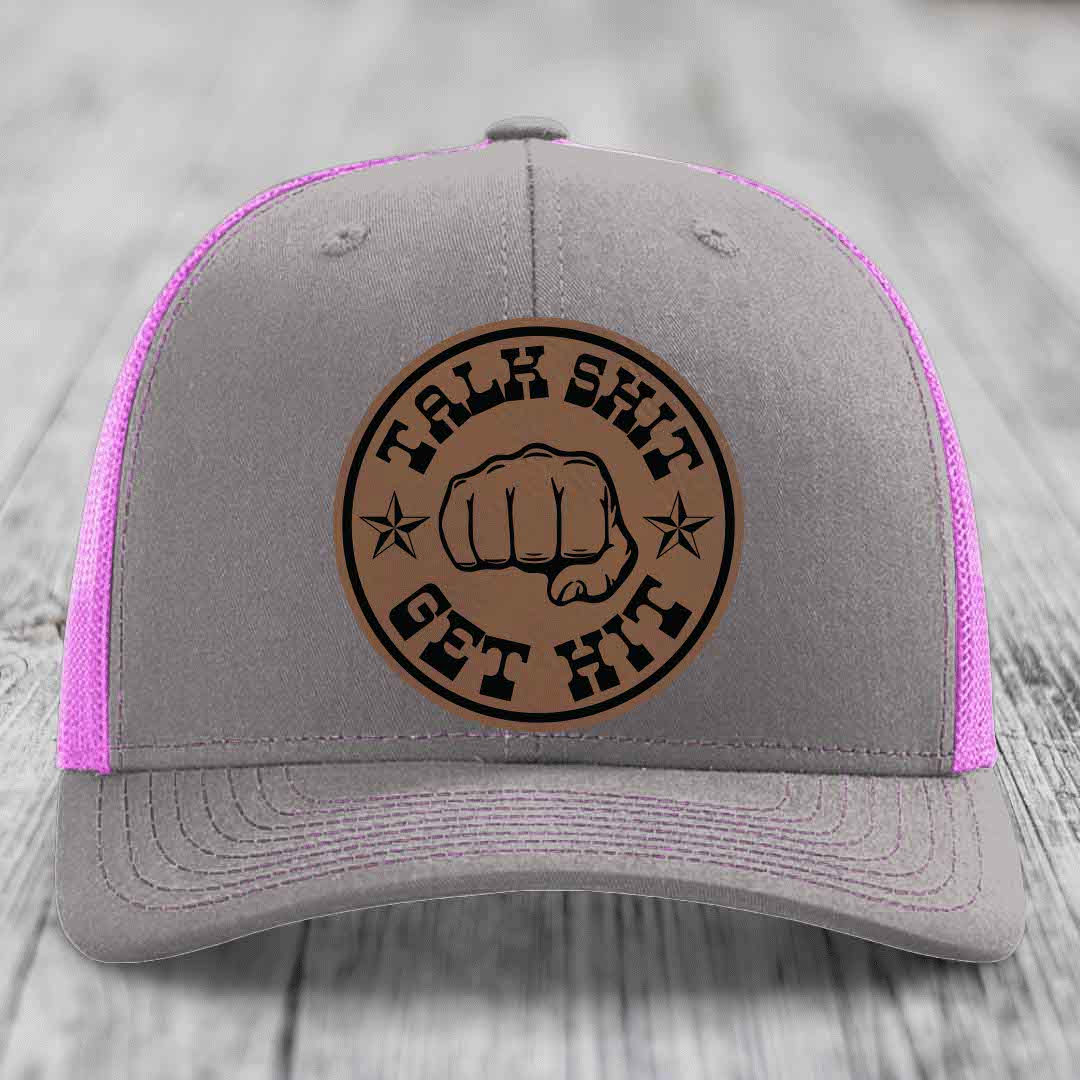 Talk Shit, Get Hit - Leather Patch Hat - Dark Brown to Black Patch - Richardson 112 Snapback Trucker Hat