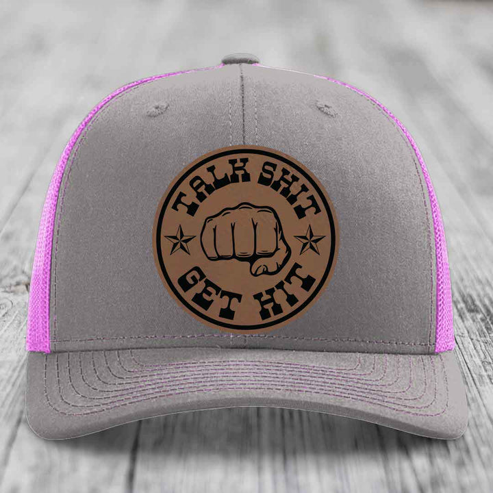 Talk Shit, Get Hit - Leather Patch Hat - Dark Brown to Black Patch - Richardson 112 Snapback Trucker Hat
