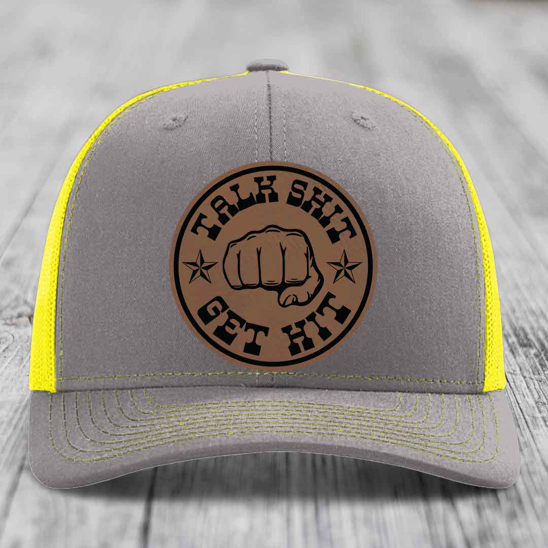 Talk Shit, Get Hit - Leather Patch Hat - Dark Brown to Black Patch - Richardson 112 Snapback Trucker Hat