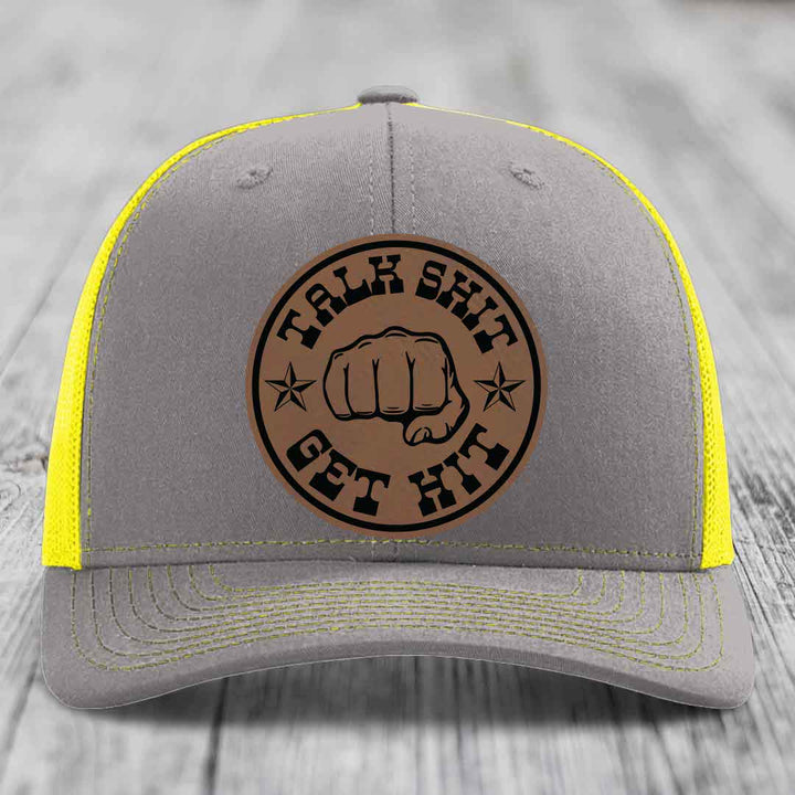 Talk Shit, Get Hit - Leather Patch Hat - Dark Brown to Black Patch - Richardson 112 Snapback Trucker Hat