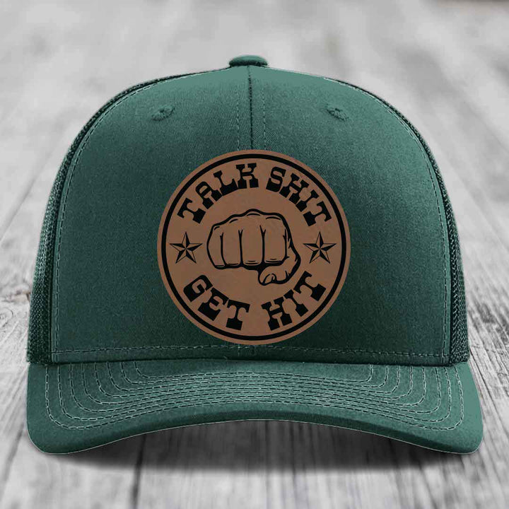 Talk Shit, Get Hit - Leather Patch Hat - Dark Brown to Black Patch - Richardson 112 Snapback Trucker Hat