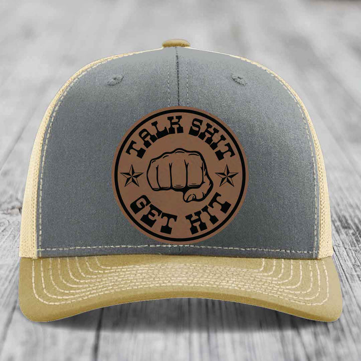 Talk Shit, Get Hit - Leather Patch Hat - Dark Brown to Black Patch - Richardson 112 Snapback Trucker Hat