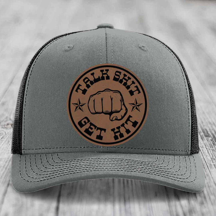 Talk Shit, Get Hit - Leather Patch Hat - Dark Brown to Black Patch - Richardson 112 Snapback Trucker Hat