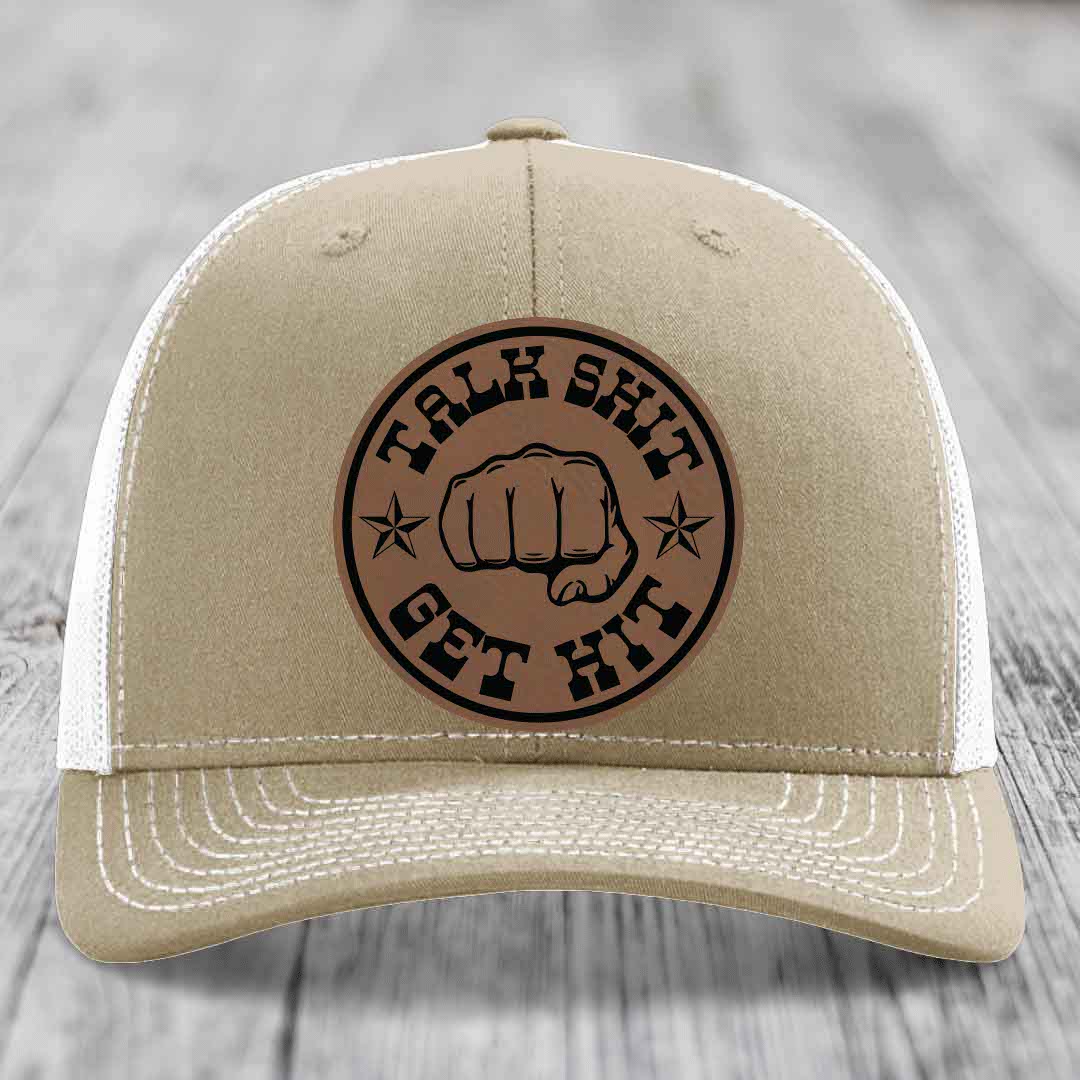 Talk Shit, Get Hit - Leather Patch Hat - Dark Brown to Black Patch - Richardson 112 Snapback Trucker Hat