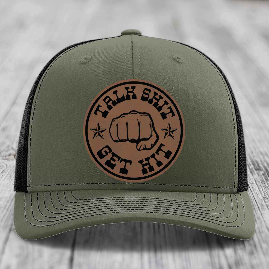 Talk Shit, Get Hit - Leather Patch Hat - Dark Brown to Black Patch - Richardson 112 Snapback Trucker Hat