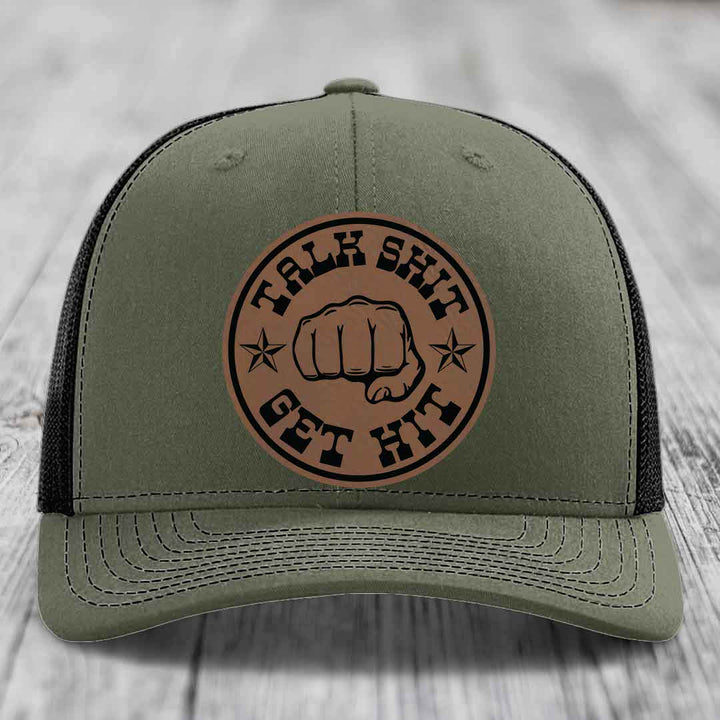 Talk Shit, Get Hit - Leather Patch Hat - Dark Brown to Black Patch - Richardson 112 Snapback Trucker Hat