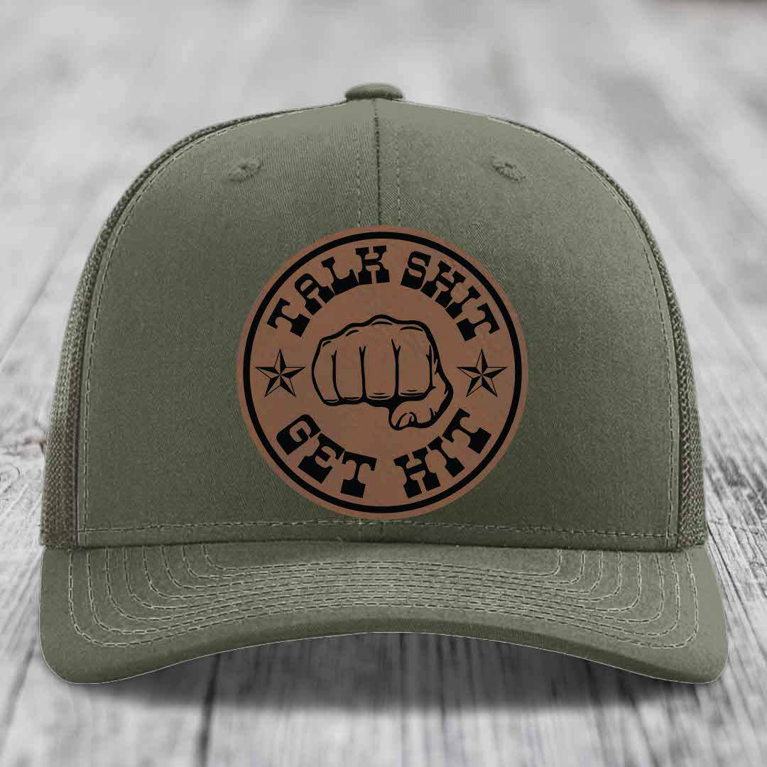 Talk Shit, Get Hit - Leather Patch Hat - Dark Brown to Black Patch - Richardson 112 Snapback Trucker Hat