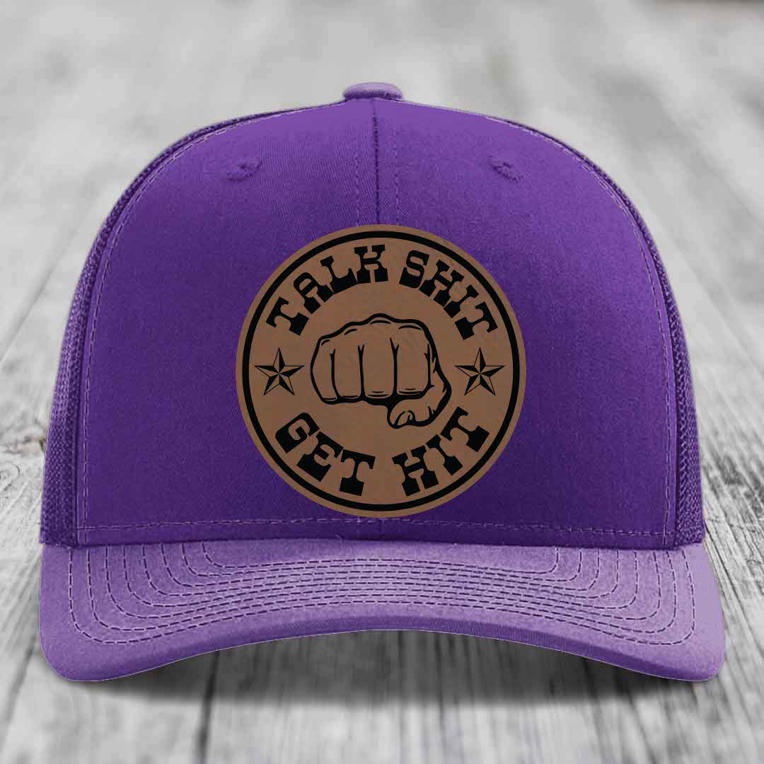 Talk Shit, Get Hit - Leather Patch Hat - Dark Brown to Black Patch - Richardson 112 Snapback Trucker Hat