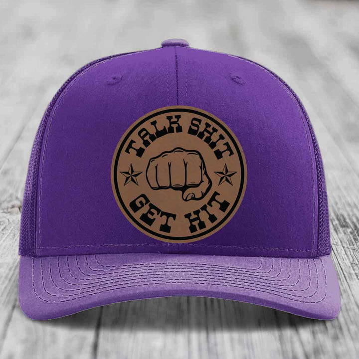 Talk Shit, Get Hit - Leather Patch Hat - Dark Brown to Black Patch - Richardson 112 Snapback Trucker Hat